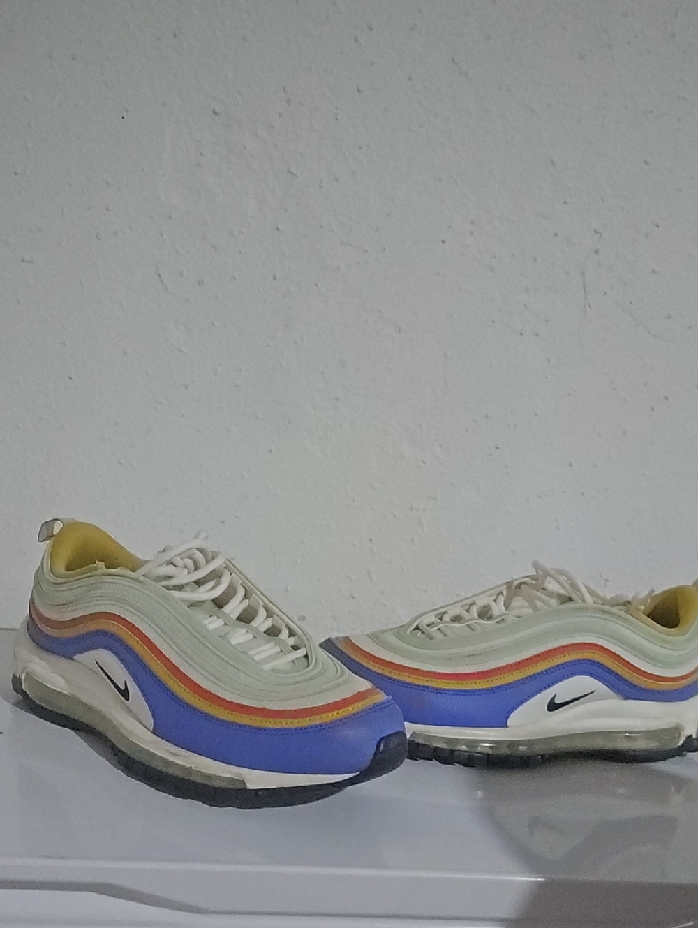 Nike Women's Cream Blue Yellow Multicolor Air Max 97 Sneakers: Mens 9.5